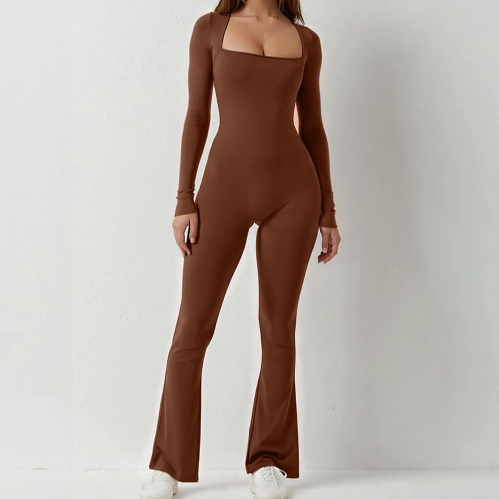 Casual long sleeve square neck flare leg jumpsuit